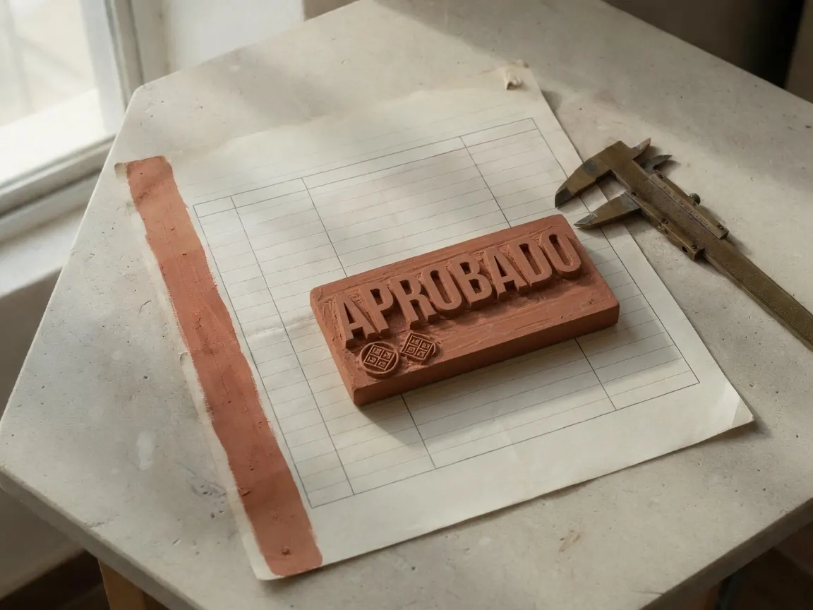 Formulario de inspección en papel sobre una mesa de piedra caliza, con calibrador de latón y sello de arcilla.